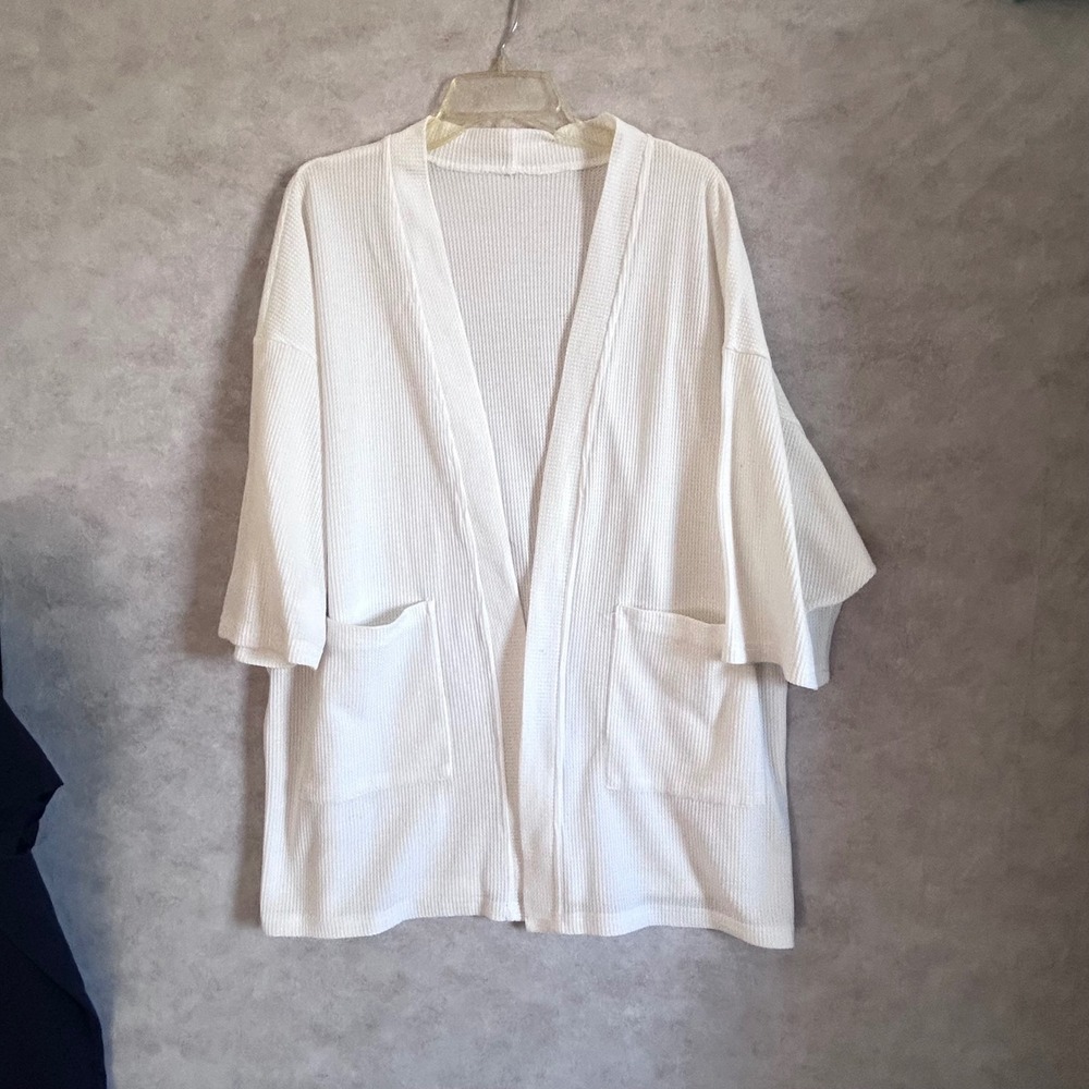 White Waffle Knit Open Front Cardigan Short Sleeve Pocket‎ XL Relaxed Kimono